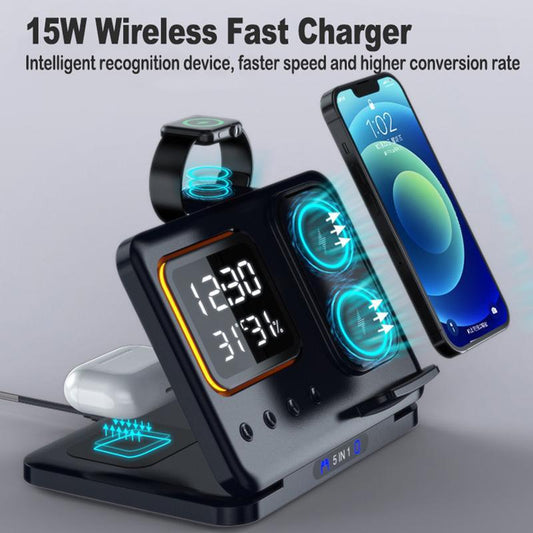 15W 5-in-1 Wireless Charger Stand with LED Alarm Clock & Fast Charging