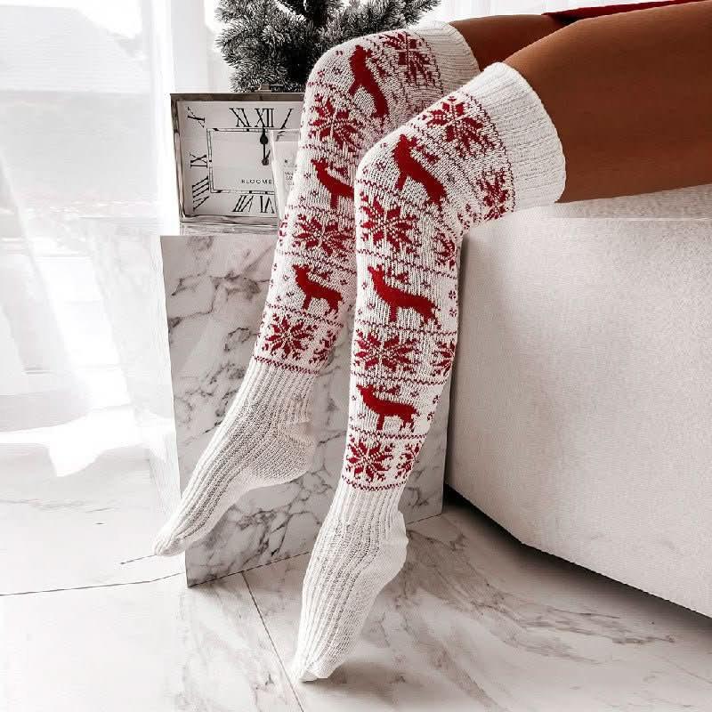 Warm Christmas Over-Knee Knitted Socks – Elk & Snowflake Design