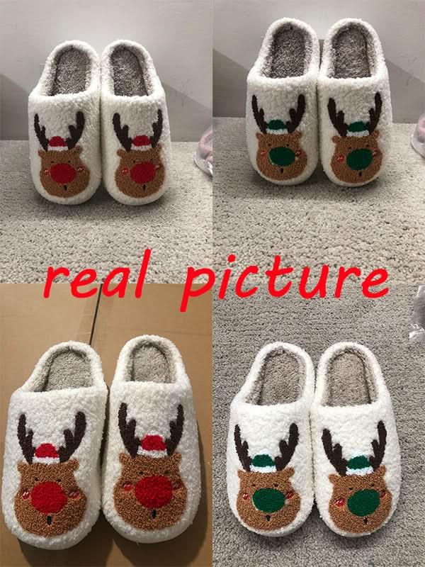 Christmas Winter Elk plush slippers with cozy reindeer design and warm artificial wool lining