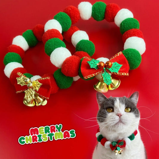 Christmas Cute Dog & Cat Plush Ball Collar – Soft Elastic Pet Necklace with Bow