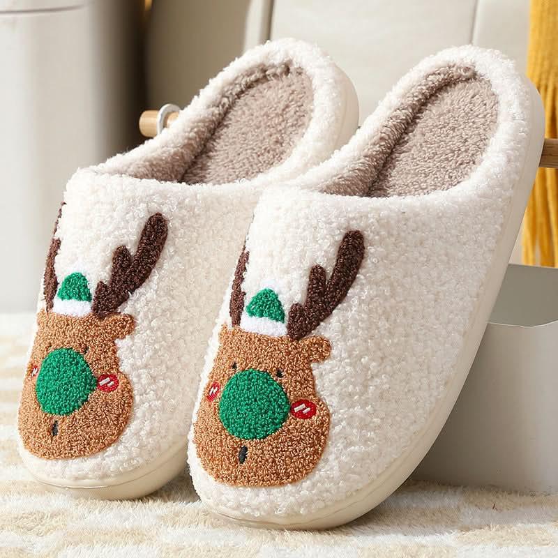 Christmas Winter Elk cozy plush indoor slippers with warm artificial wool lining and cute reindeer design