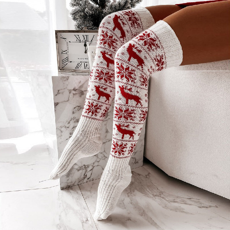 Warm Christmas Over-Knee Knitted Socks – Elk & Snowflake Design