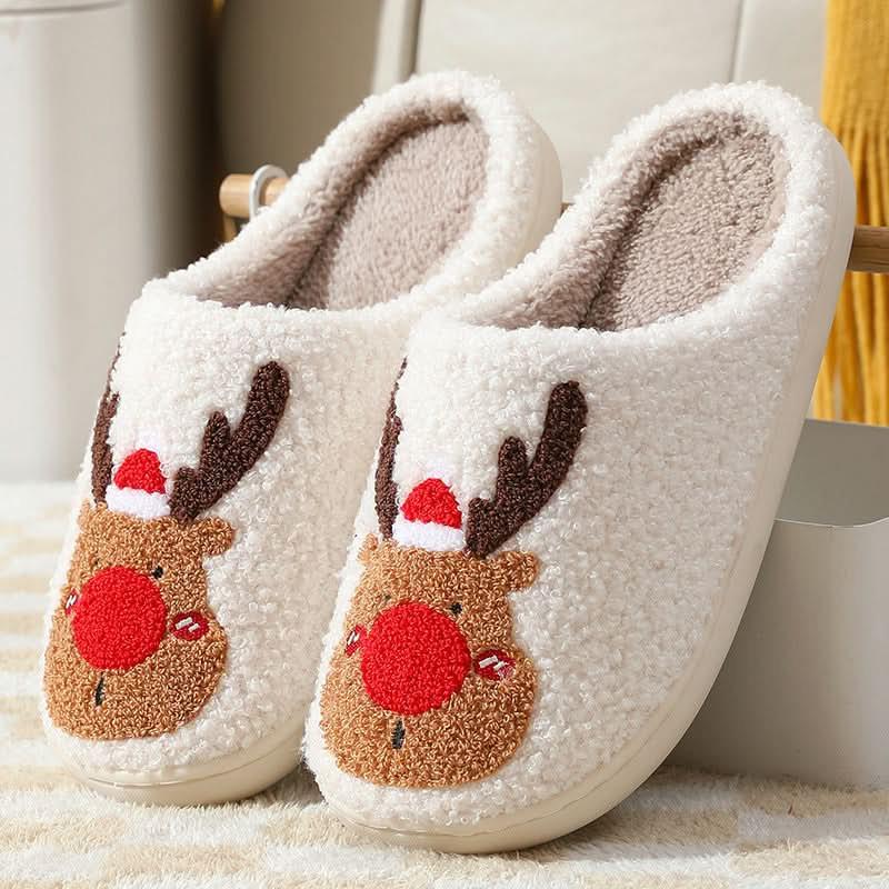 Christmas Winter Elk cozy plush indoor slippers with soft artificial wool lining and cute reindeer design