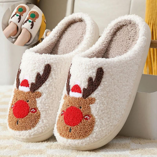 Christmas Winter Elk cozy plush indoor slippers with reindeer design and warm artificial wool lining