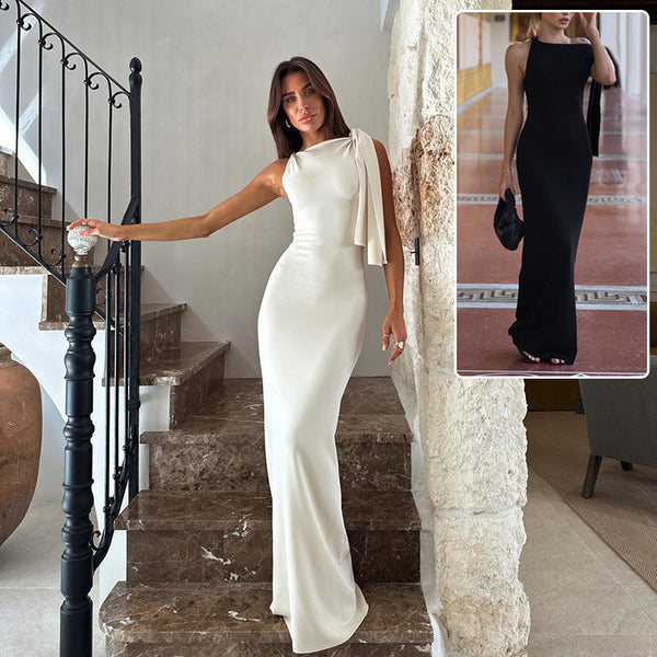 Women’s One-Shoulder Ribbon Long Dress – Slim Fit Sleeveless