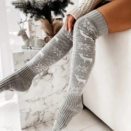 Warm Christmas Over-Knee Knitted Socks – Elk & Snowflake Design
