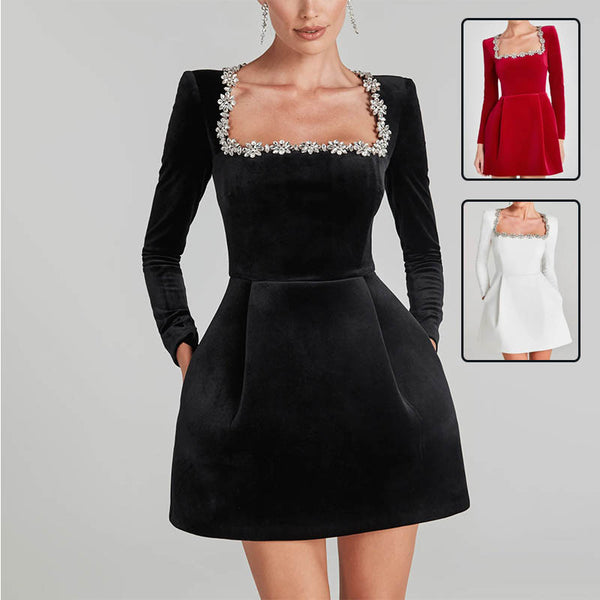 Women’s Elegant Square Neck Long Sleeve A-Line Mini Dress