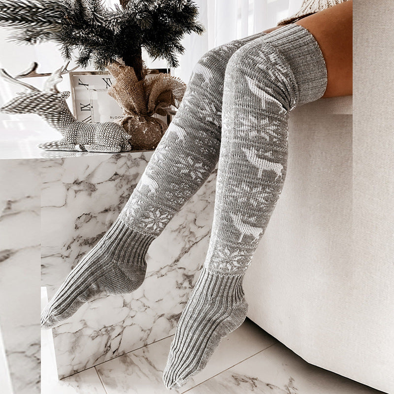 Warm Christmas Over-Knee Knitted Socks – Elk & Snowflake Design