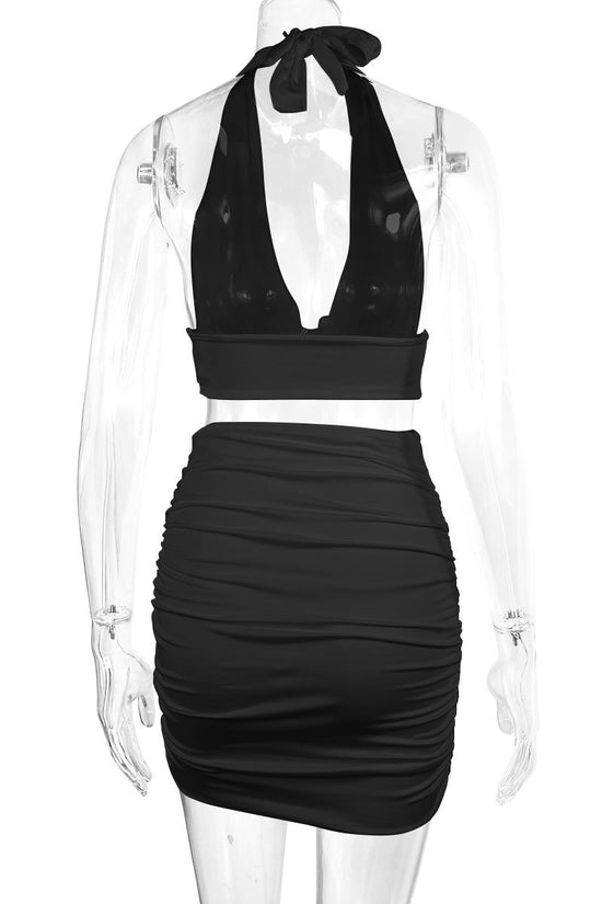 2PCS Women’s Halter Lace-Up Top & Pleated Skirt Set