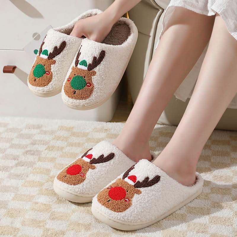 Christmas Winter Elk cozy plush indoor slippers with reindeer design and warm artificial wool lining