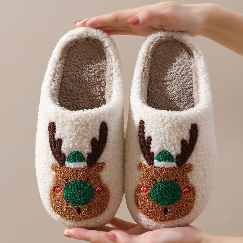 Christmas Winter Elk cozy plush indoor slippers with reindeer design and warm artificial wool lining