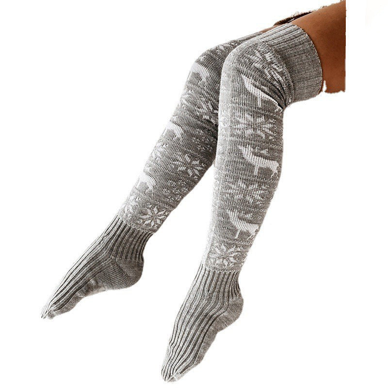 Warm Christmas Over-Knee Knitted Socks – Elk & Snowflake Design