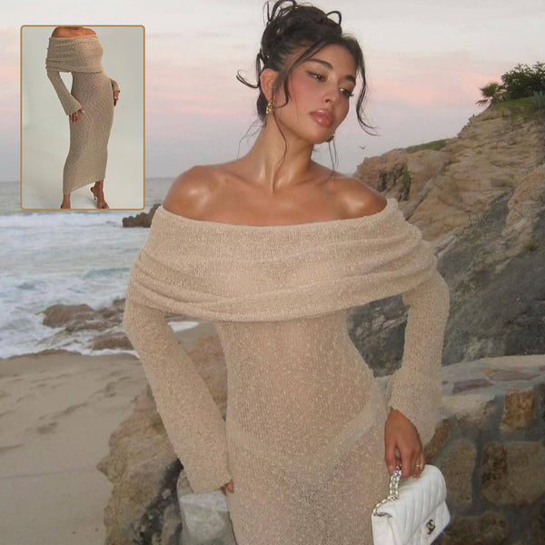 Women’s One-Shoulder Knitted Long Sleeve Maxi Dress