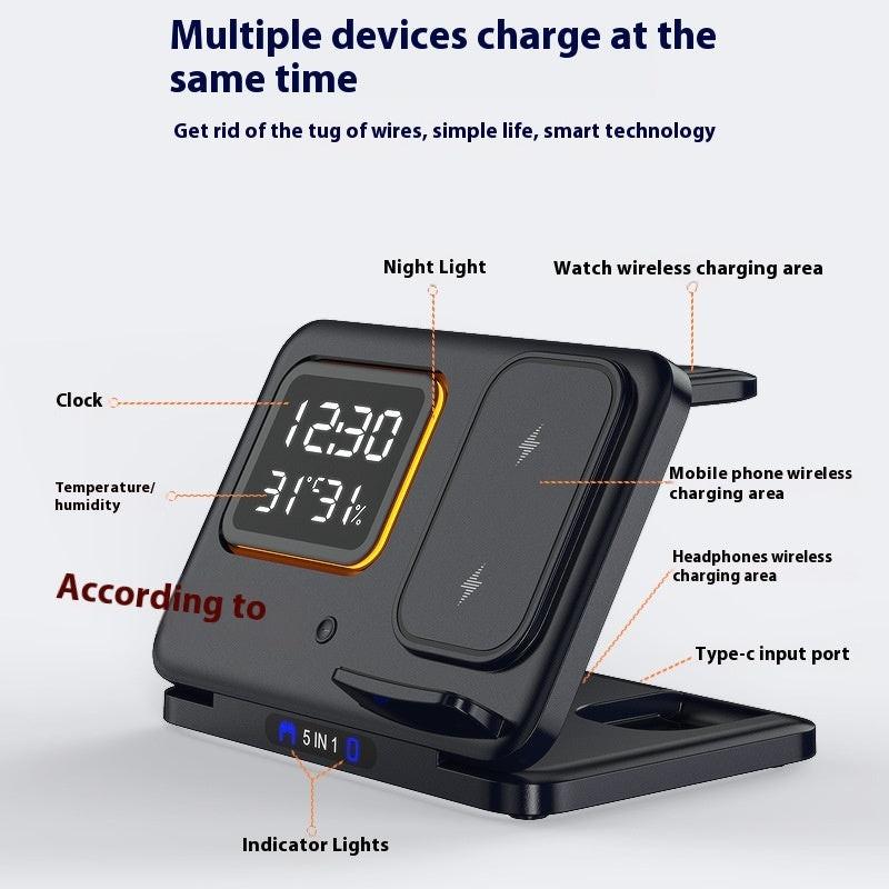 15W 5-in-1 Wireless Charger Stand with LED Alarm Clock & Fast Charging
