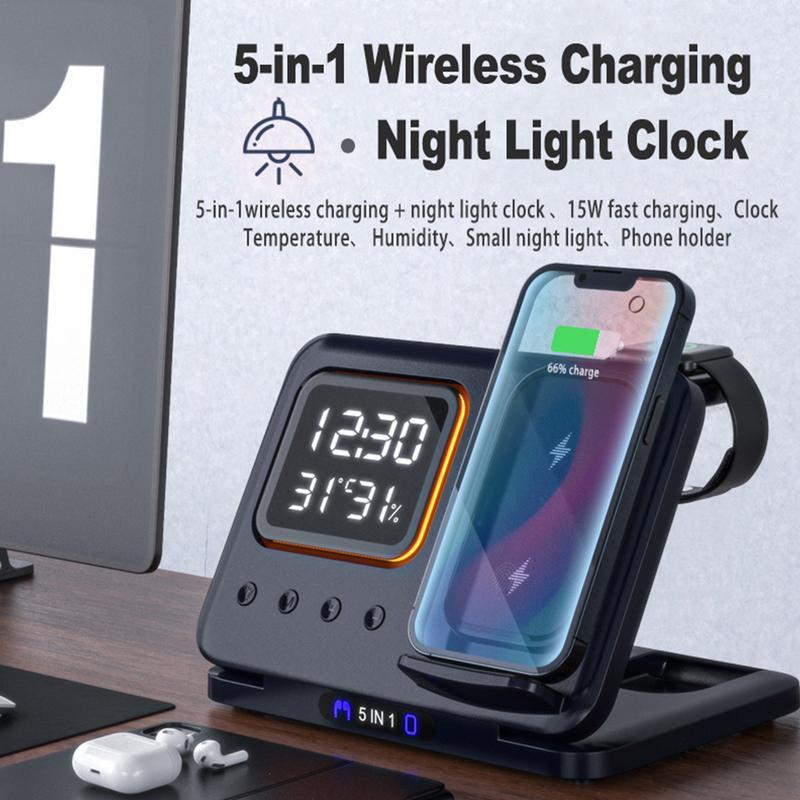 15W 5-in-1 Wireless Charger Stand with LED Alarm Clock & Fast Charging