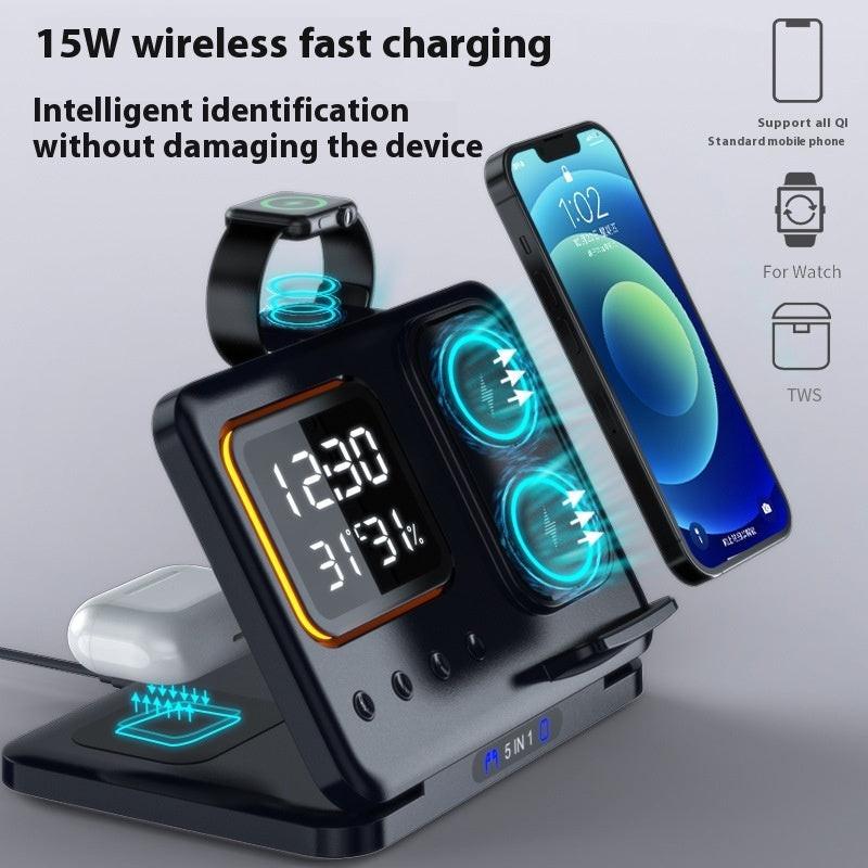 15W 5-in-1 Wireless Charger Stand with LED Alarm Clock & Fast Charging