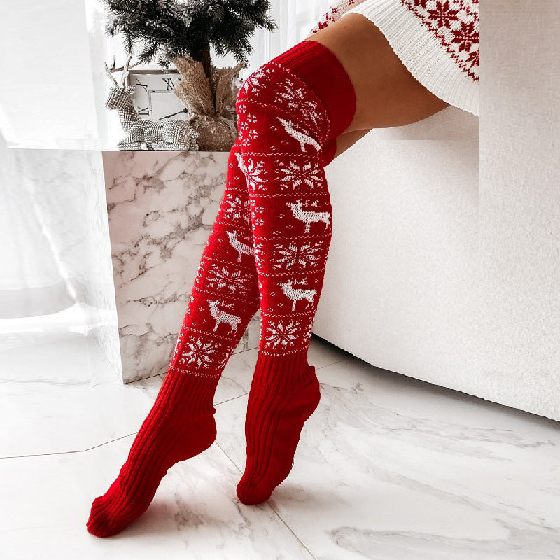 Warm Christmas Over-Knee Knitted Socks – Elk & Snowflake Design