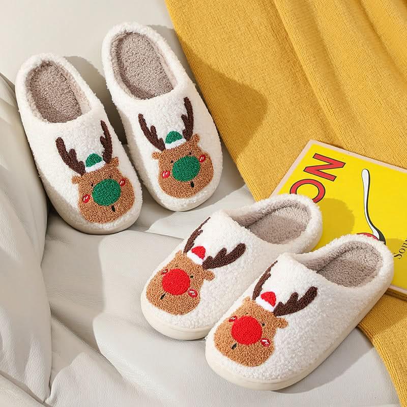 Christmas Winter Elk cozy plush indoor slippers with warm artificial wool lining and cute reindeer design