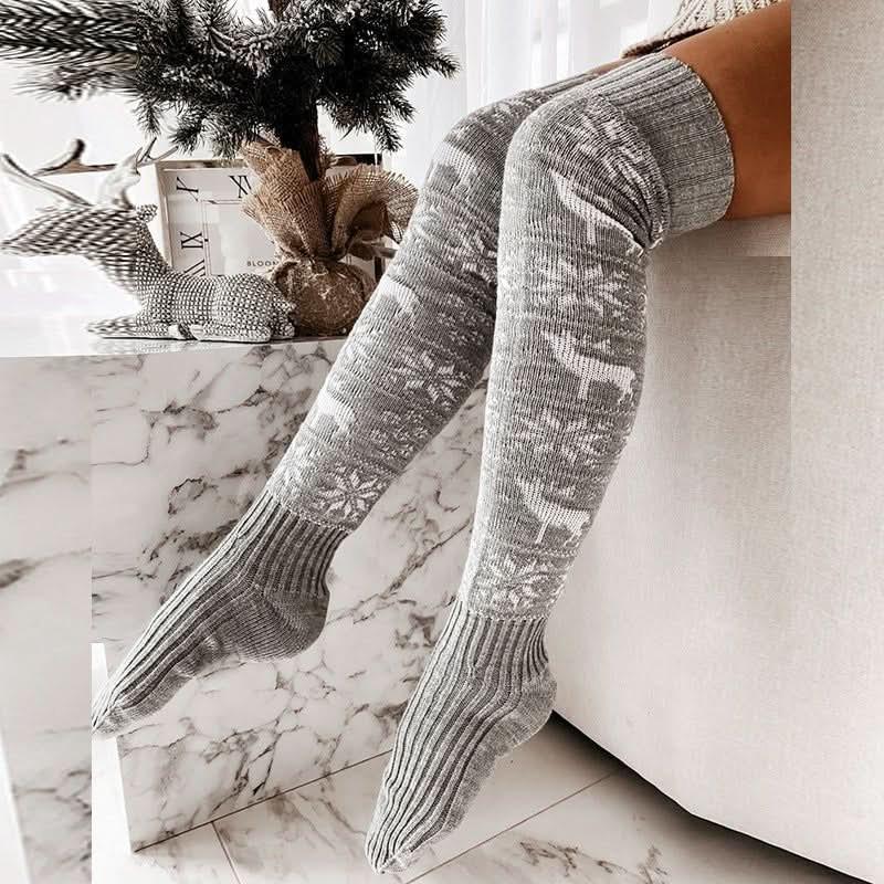 Warm Christmas Over-Knee Knitted Socks – Elk & Snowflake Design