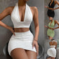 2PCS Women’s Halter Lace-Up Top & Pleated Skirt Set