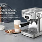 stainless steel 20-bar espresso machine with digital display and milk frother on kitchen counter with latte and coffee accessories