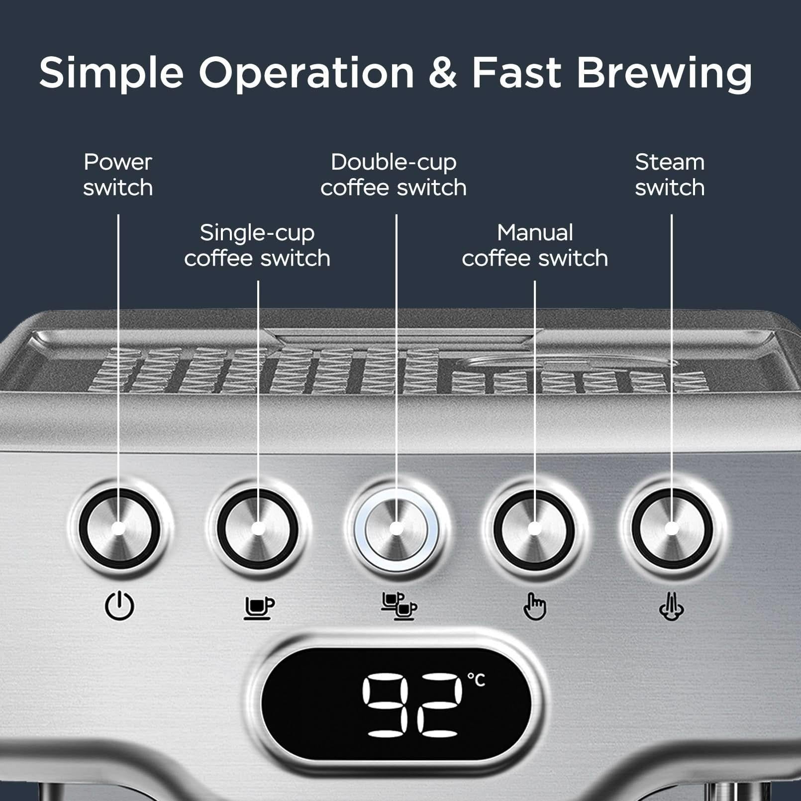 Control panel of premium 20-bar espresso machine with coffee and steam switches and temperature display