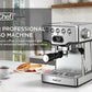 20-Bar stainless steel espresso machine with milk frother and digital display in modern kitchen setting