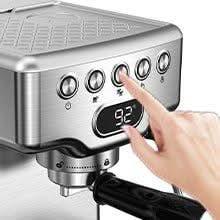 20-Bar espresso machine with stainless steel design, digital display, and milk frother for latte, cappuccino, and macchiato making