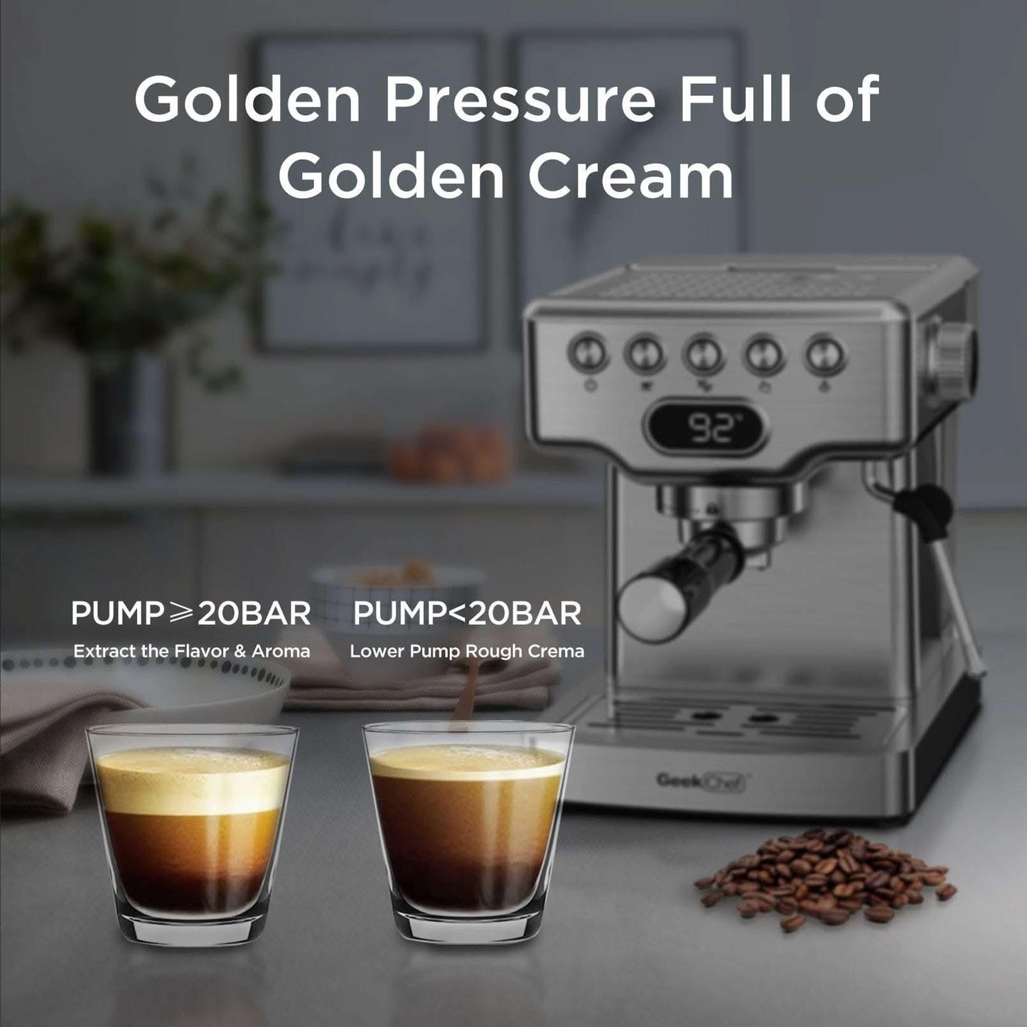 Premium 20-bar espresso machine with stainless steel design, powerful milk frother, and rich crema extraction for latte, cappuccino, and macchiato making.