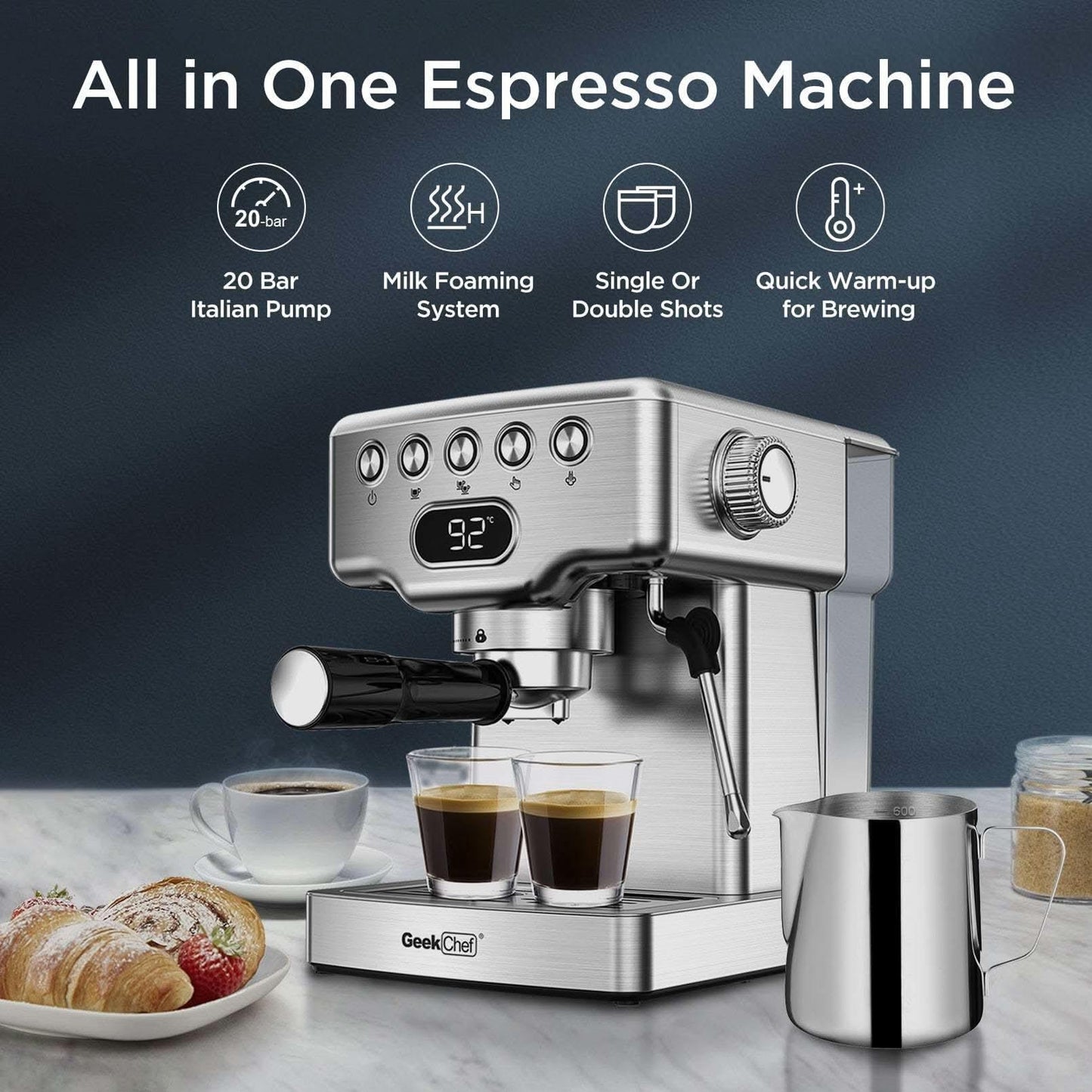 Premium 20-bar espresso machine with milk frother, stainless steel design, and digital temperature display making espresso, latte, cappuccino, and macchiato.